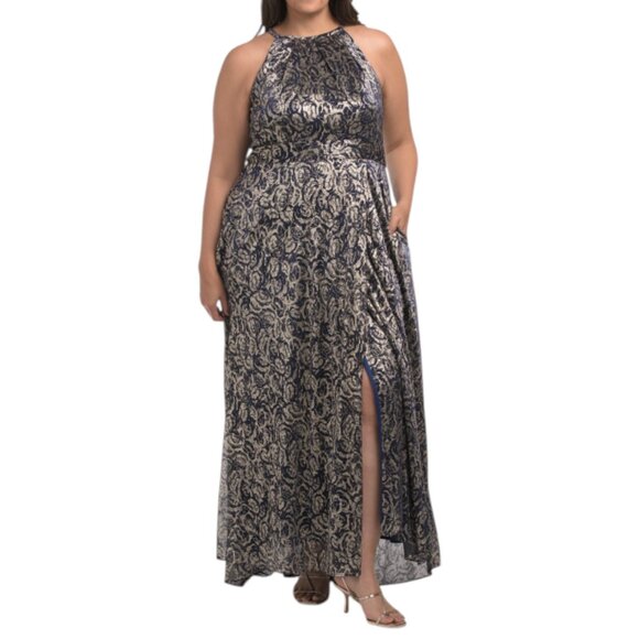 BETSY & ADAM Navy/Gold Plus Halter Floral Foil Dress - Picture 1 of 2